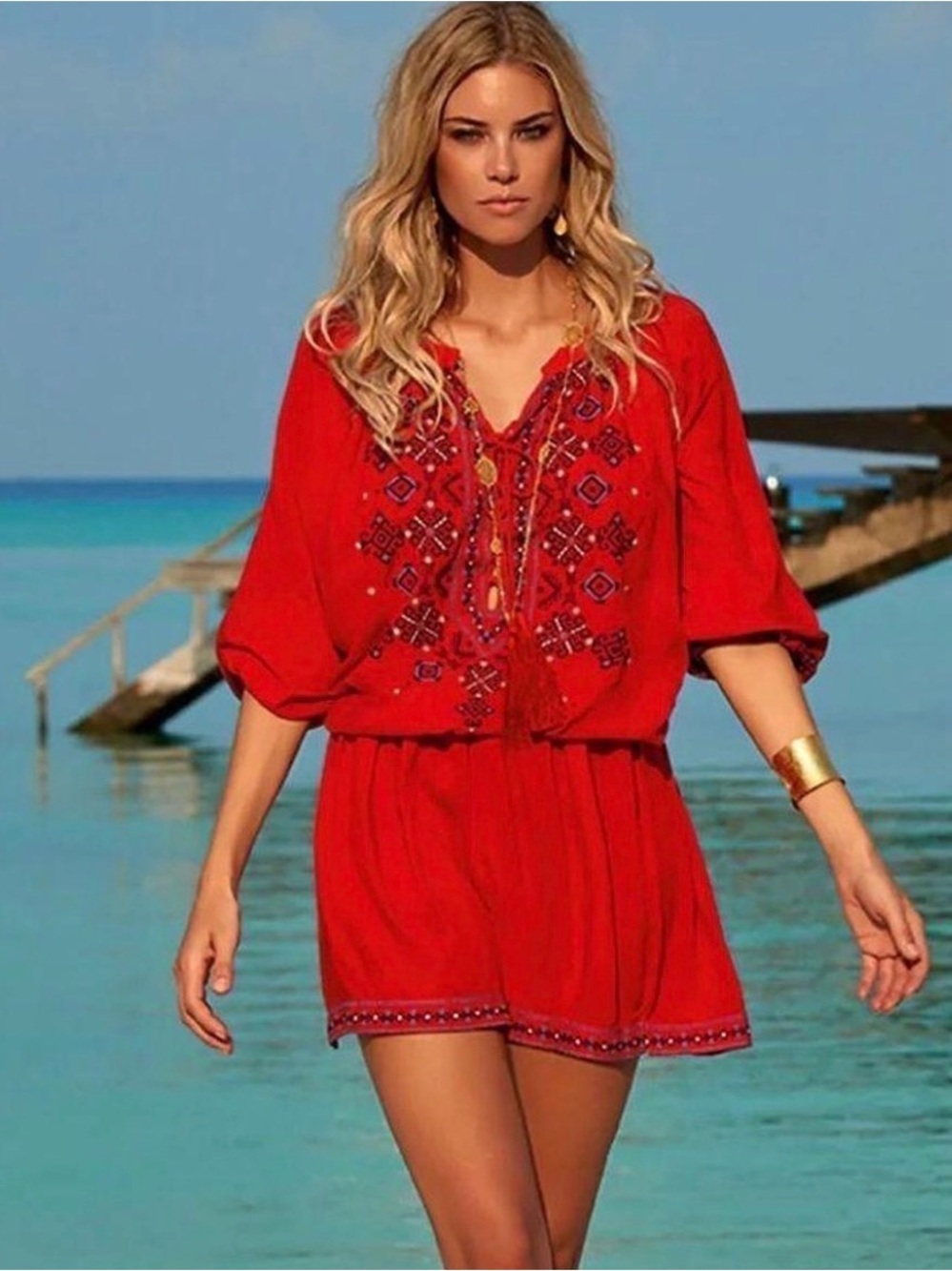 Melissa Odabash Red Embroidered Beach Vacation Dress Size XS